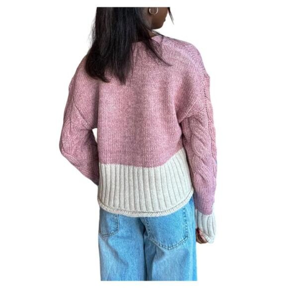Promesa Pink and Cream Colorblock Cable Knit Sweater Cardigan - Picture 16 of 16